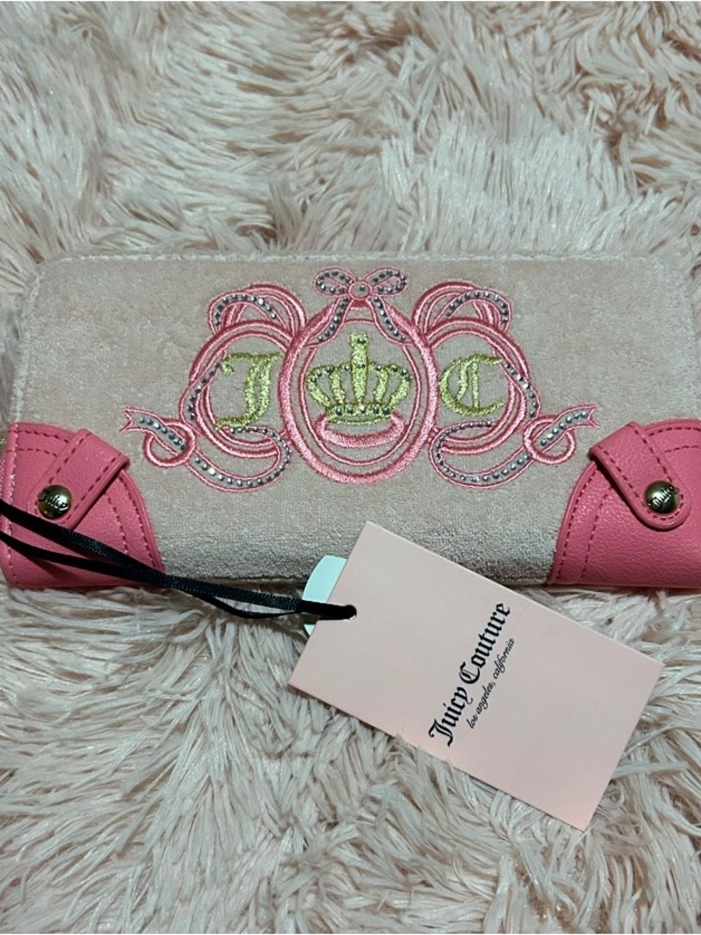Juicy Couture Pink and Beige Embroidered Crest Wallet BRAND NEW WITH TAGS
